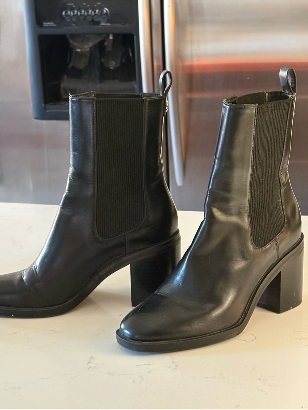 Black Leather Chelsea Block Heel Ankle Boots